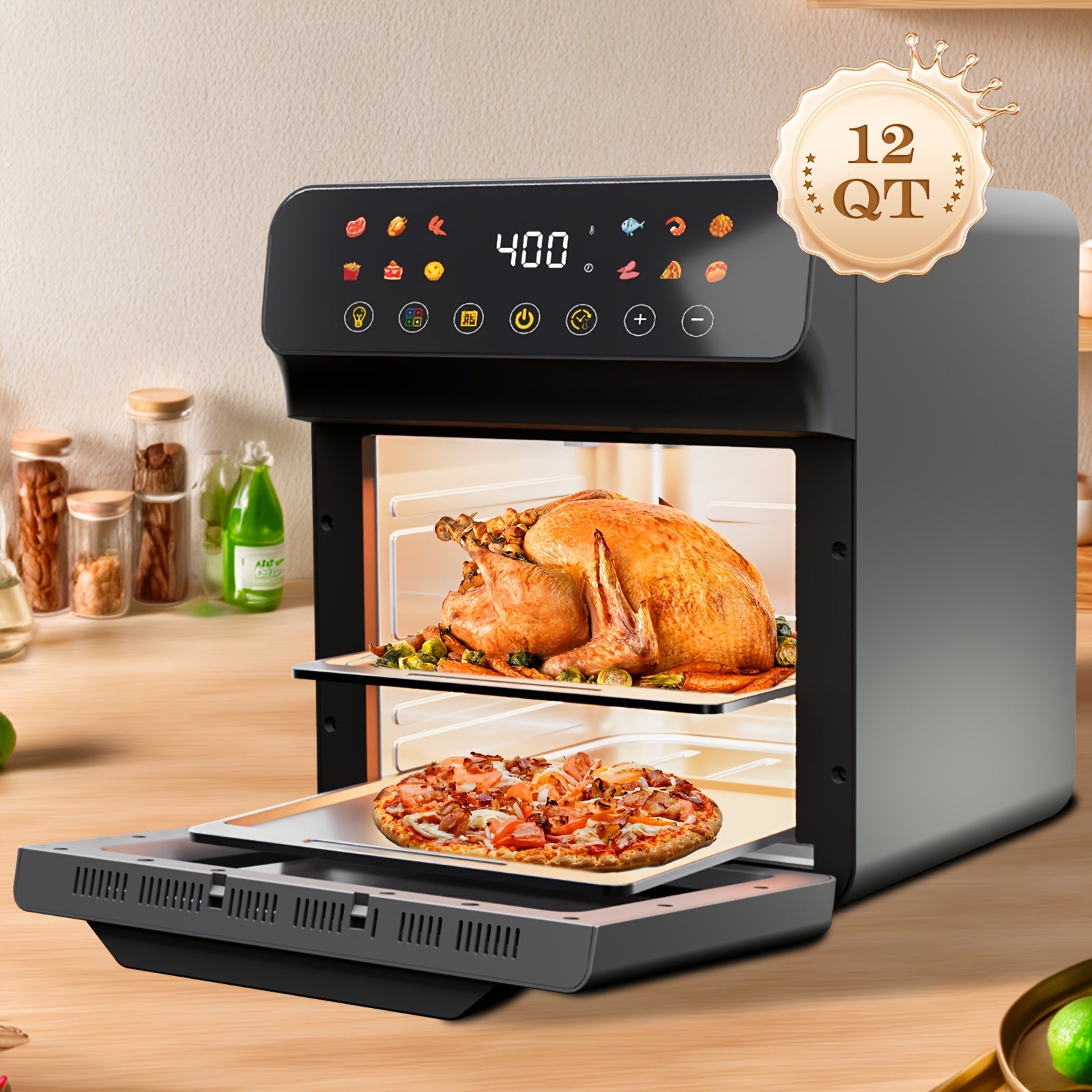 Bluebow Forno Torradeira de Ar Inteligente 12QT, 12 Funções Pré-Definidas com Um Toque, Programa de Culinária Inteligente, Janela de Visualização, Luz Interna, Dois Acessórios para Assar, Tempo e Temperatura Ajustáveis, Cozinha Sem Óleo, Eletrodomésticos