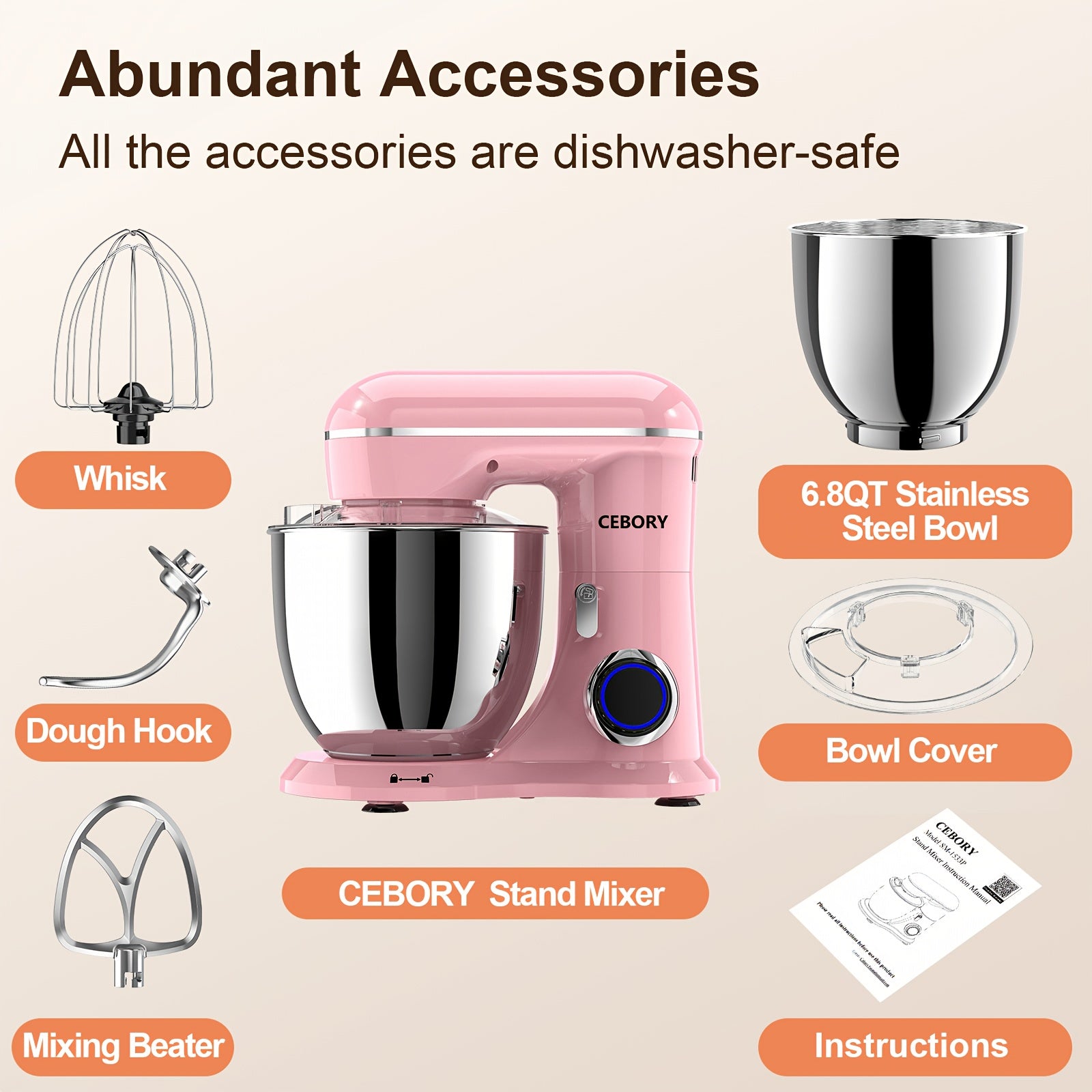 Misturador Elétrico De Pé 3 EM 1, 660W, 10 Velocidades Com Botão De Pulso, Inclui 6,8QT Bowl, Gancho De Massa, Batedor, Batedor Para A Maioria Dos Cozinheiros Domésticos, Rosa