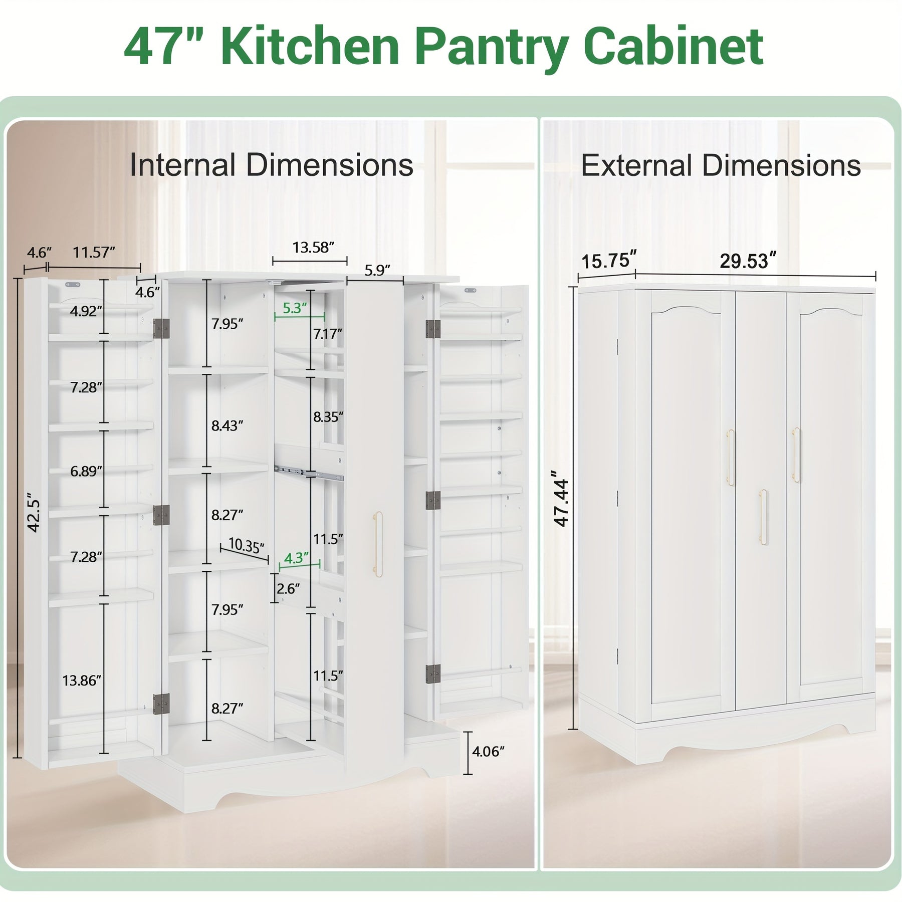 Armário de despensa de 47" com gaveta, armário de despensa de cozinha com portas e prateleiras ajustáveis, armário de armazenamento para despensa de alimentos, armário de buffet independente para uso na cozinha, sala de estar e sala de jantar