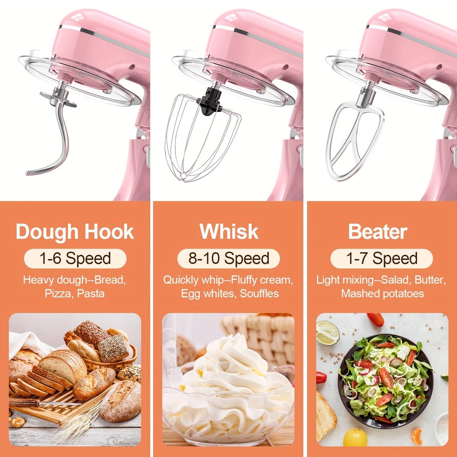 Misturador Elétrico De Pé 3 EM 1, 660W, 10 Velocidades Com Botão De Pulso, Inclui 6,8QT Bowl, Gancho De Massa, Batedor, Batedor Para A Maioria Dos Cozinheiros Domésticos, Rosa
