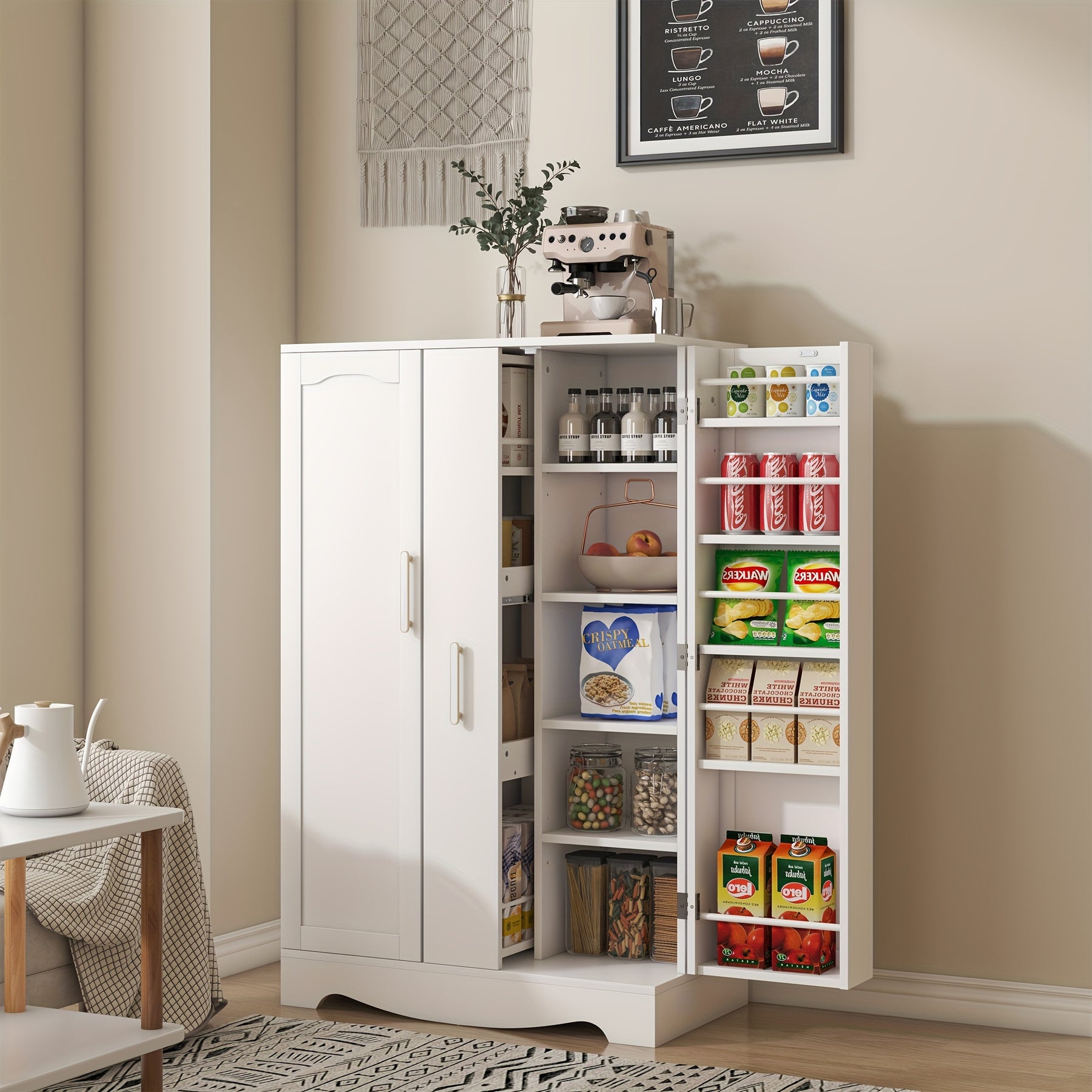 Armário de despensa de 47" com gaveta, armário de despensa de cozinha com portas e prateleiras ajustáveis, armário de armazenamento para despensa de alimentos, armário de buffet independente para uso na cozinha, sala de estar e sala de jantar
