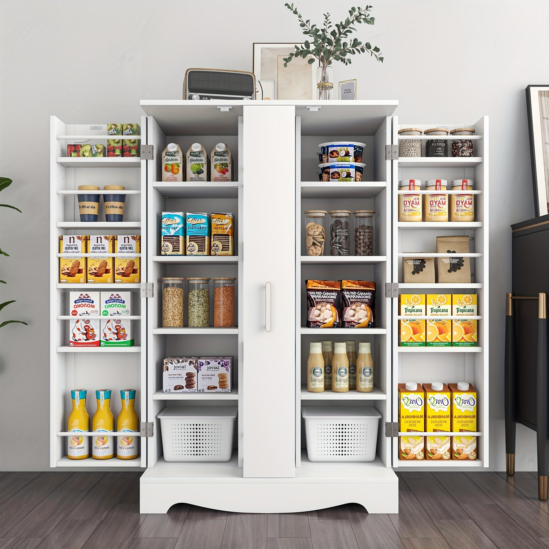 Armário de despensa de 47" com gaveta, armário de despensa de cozinha com portas e prateleiras ajustáveis, armário de armazenamento para despensa de alimentos, armário de buffet independente para uso na cozinha, sala de estar e sala de jantar