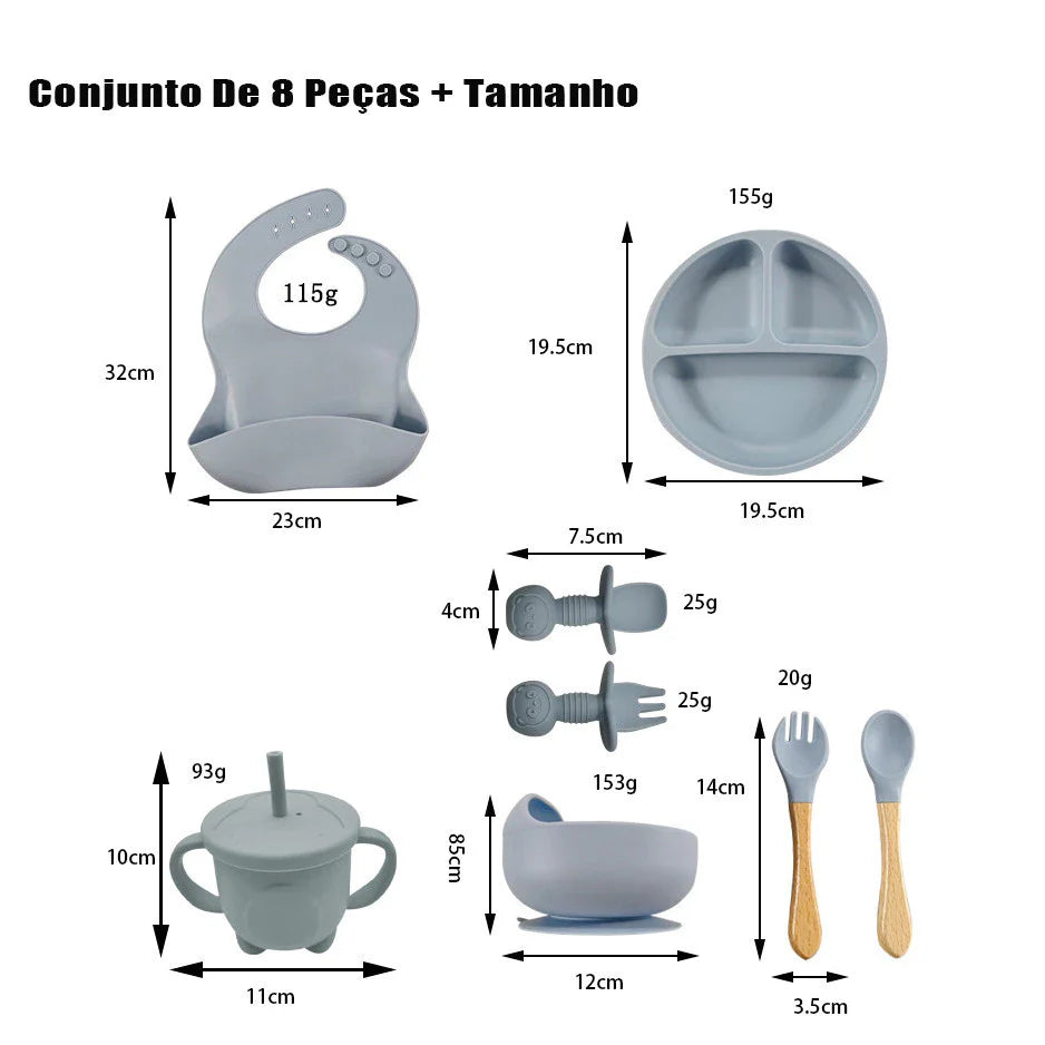 Kit 8 Talheres Infantil Com Ventosa Canudo Colher Babador Garfo