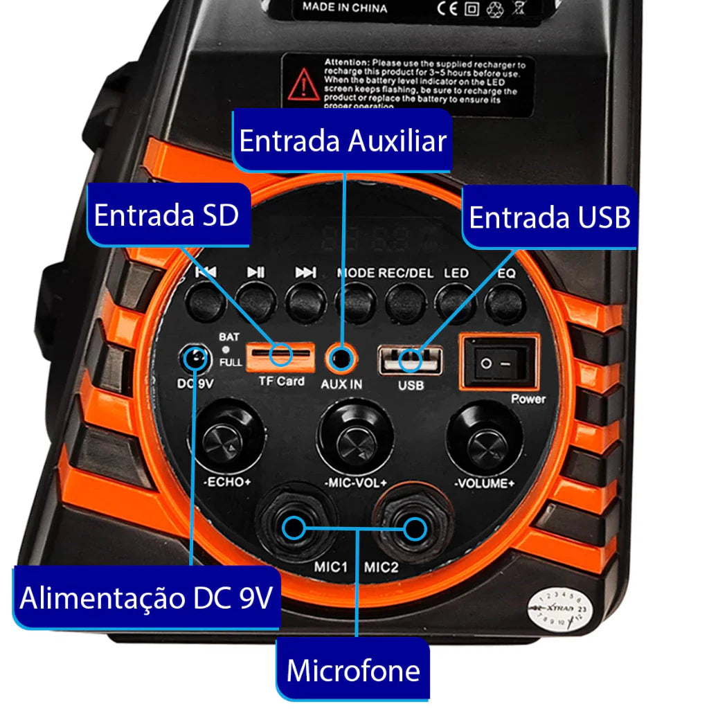 Caixa de Som Grande Portátil Bluetooth com Microfone 60W XDG-37