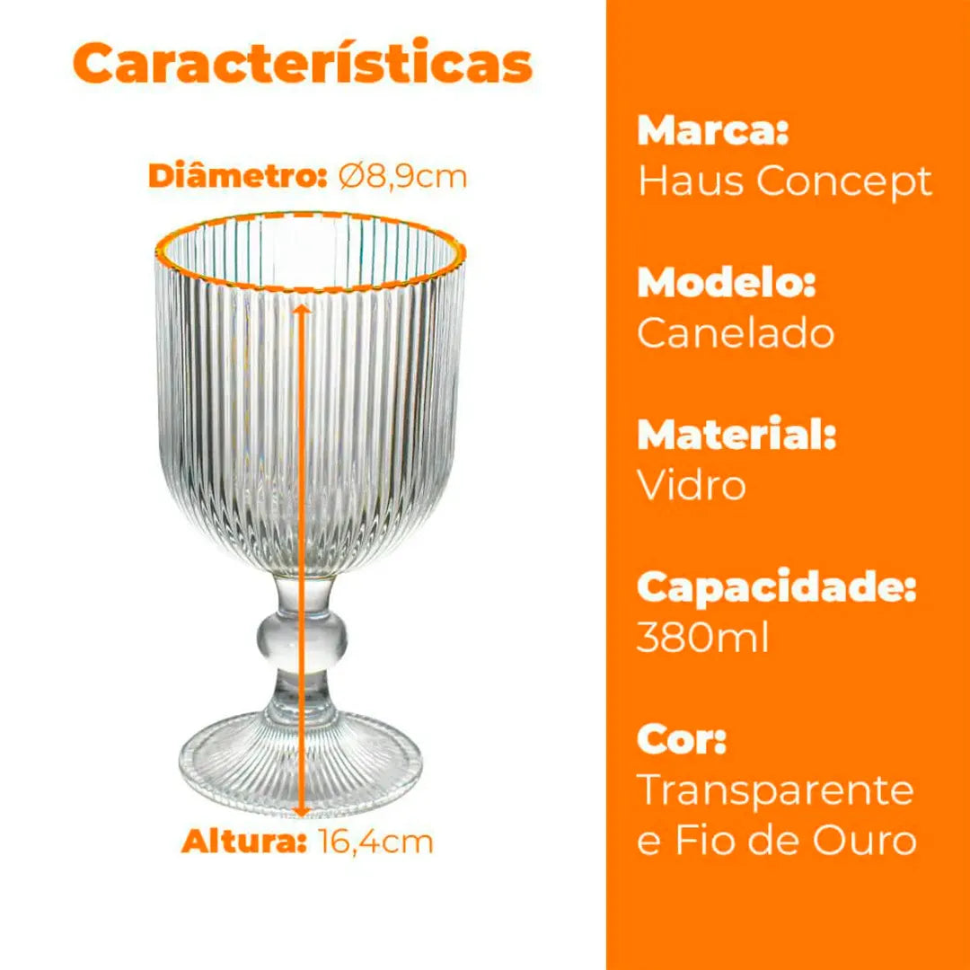 Jogo de Taças de Vidro Graffiato | Fio de Ouro Canelado | 6 Peças 380ml