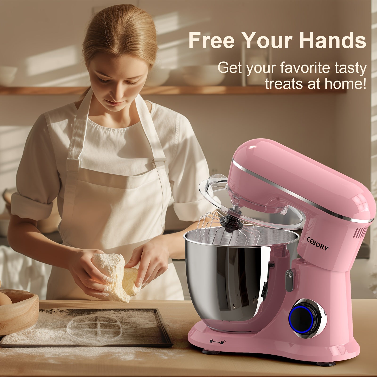 Misturador Elétrico De Pé 3 EM 1, 660W, 10 Velocidades Com Botão De Pulso, Inclui 6,8QT Bowl, Gancho De Massa, Batedor, Batedor Para A Maioria Dos Cozinheiros Domésticos, Rosa