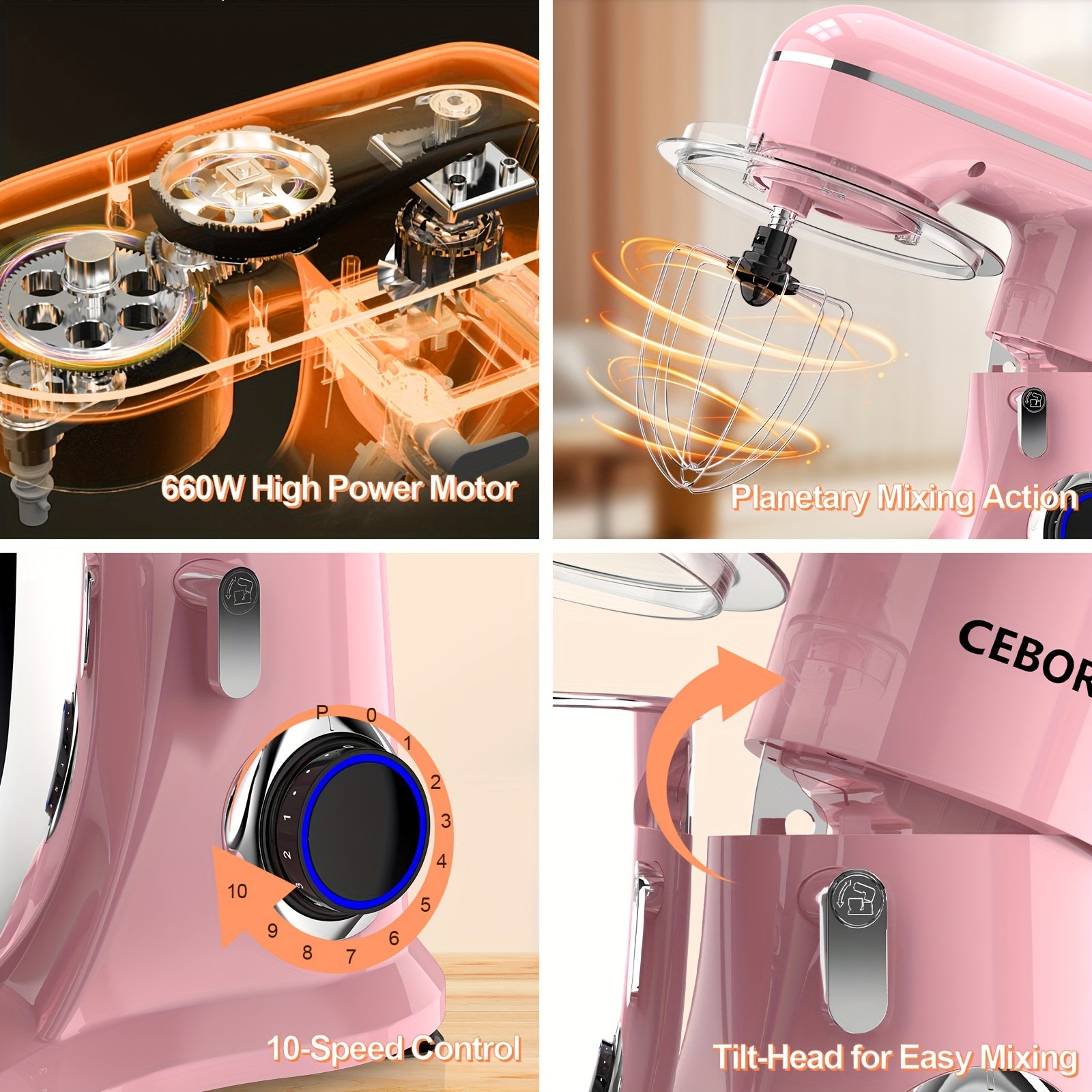Misturador Elétrico De Pé 3 EM 1, 660W, 10 Velocidades Com Botão De Pulso, Inclui 6,8QT Bowl, Gancho De Massa, Batedor, Batedor Para A Maioria Dos Cozinheiros Domésticos, Rosa
