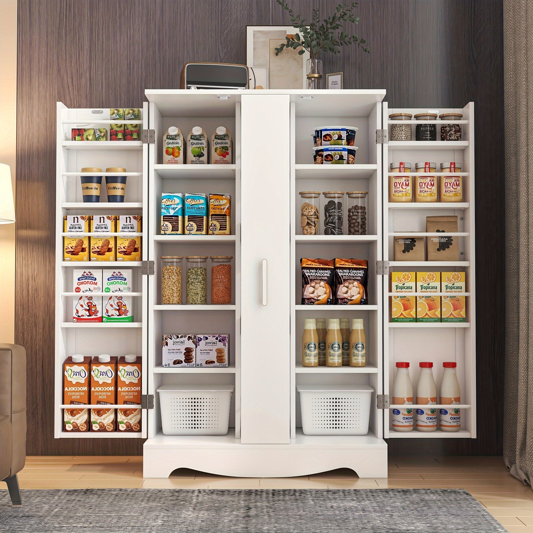 Armário de despensa de 47" com gaveta, armário de despensa de cozinha com portas e prateleiras ajustáveis, armário de armazenamento para despensa de alimentos, armário de buffet independente para uso na cozinha, sala de estar e sala de jantar