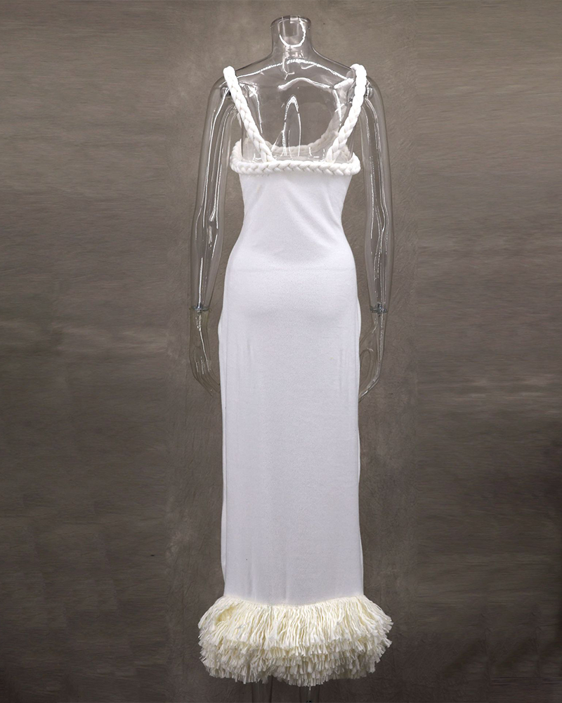Woven Flax Rope Wrap Hips Fringe Dress