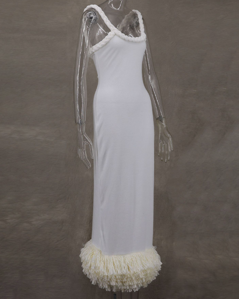 Woven Flax Rope Wrap Hips Fringe Dress