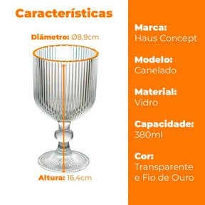 Jogo de Taças de Vidro Graffiato | Fio de Ouro Canelado | 6 Peças 380ml