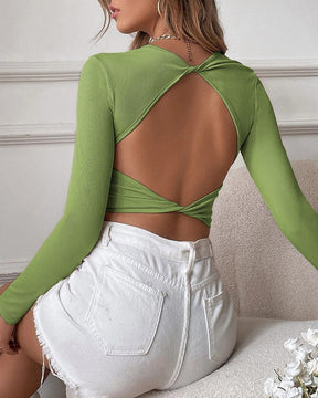 Backless Casual Short Slim Fit Knitted Long-Sleeved T-Shirt Top