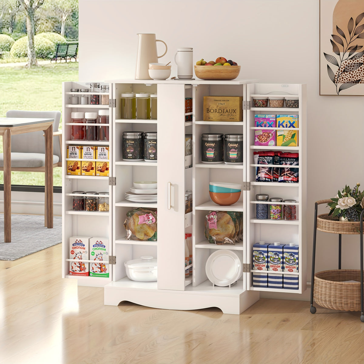 Armário de despensa de 47" com gaveta, armário de despensa de cozinha com portas e prateleiras ajustáveis, armário de armazenamento para despensa de alimentos, armário de buffet independente para uso na cozinha, sala de estar e sala de jantar