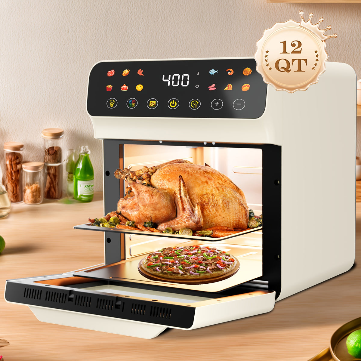 Bluebow Forno Torradeira de Ar Inteligente 12QT, 12 Funções Pré-Definidas com Um Toque, Programa de Culinária Inteligente, Janela de Visualização, Luz Interna, Dois Acessórios para Assar, Tempo e Temperatura Ajustáveis, Cozinha Sem Óleo, Eletrodomésticos
